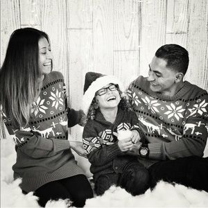 couples matching red knit reindeer dress & sweater